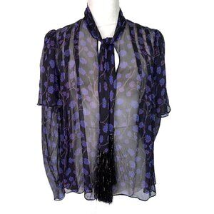 Diane Von Furstenberg Womens Blouse Black Blue Size 0 Sheer Silk Crepe Floral